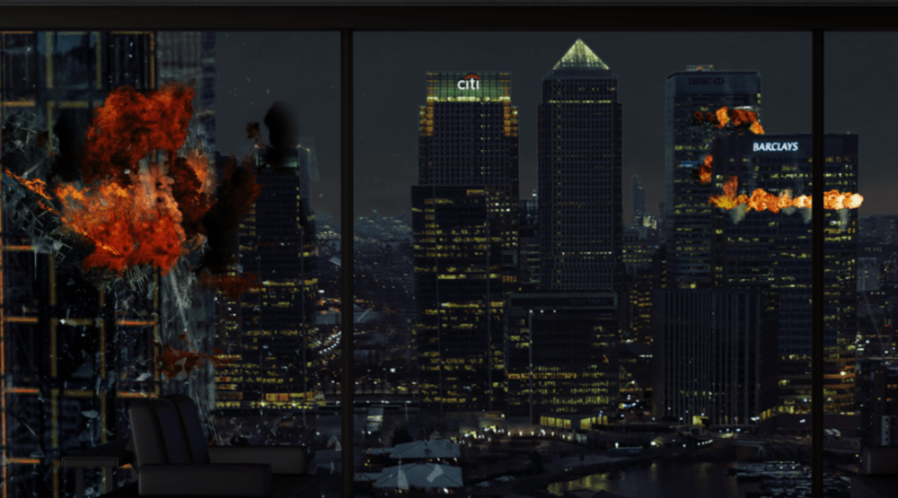 VFX photo in London Barclays building. The canary wharf is on fire