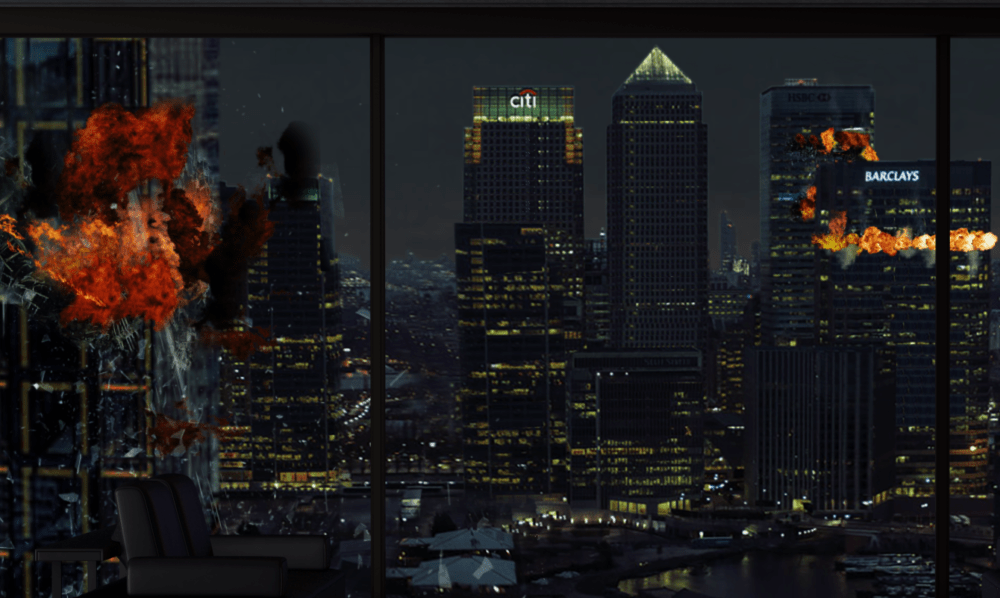 VFX photo in London Barclays building. The canary wharf is on fire