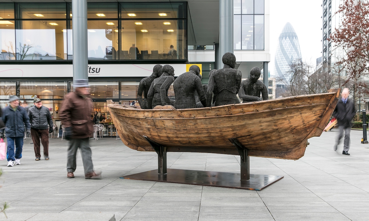 'Wooden Boat with Seven People' by Kalliopi Lemos, Lamb St, Spitalfields