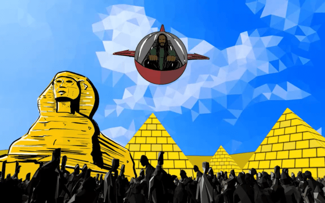 Still of Ziggy Marley in his spaceship above the pyramids and the Sphinx in Egypt with crowds of people walking by - Toots & The Maytals - Three Little Birds Animated Music Video