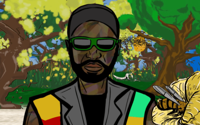 Ending scene with Toots facing the camera, while bees and nature flourish - still from Toots & The Maytals - Warning Warning Animated Music Video