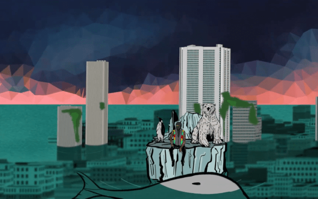 Toots, a penguin and a polar bear floating on a piece of ice, city in the background flooded - still from Toots & The Maytals - Warning Warning Animated Music Video