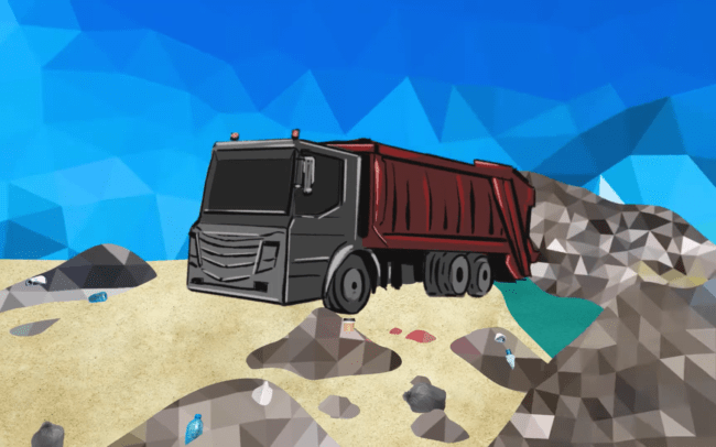 Garbage truck dumping trash in the sea - still from Toots & The Maytals - Warning Warning Animated Music Video