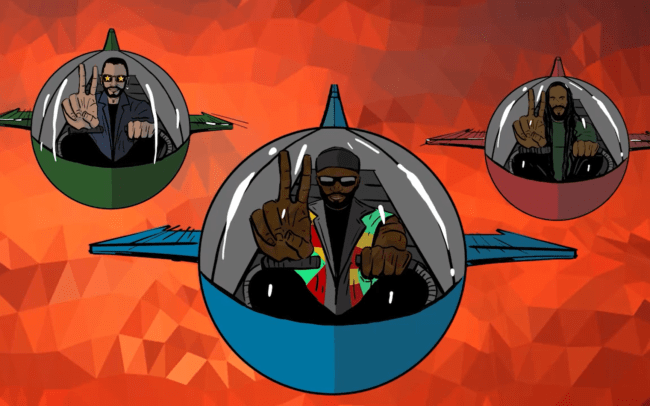 Still of Ringo Starr, Toots and Ziggy Marley in their spaceships - Toots & The Maytals - Three Little Birds Animated Music Video