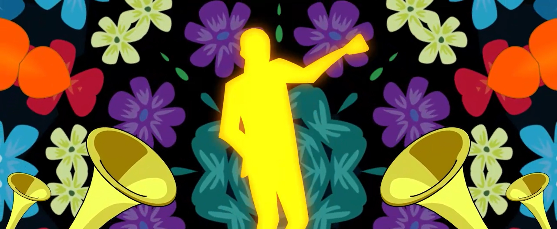 Still of a dancing man with trumpets and background full of flowers - Toots & The Maytals - Three Little Birds Animated Music Video