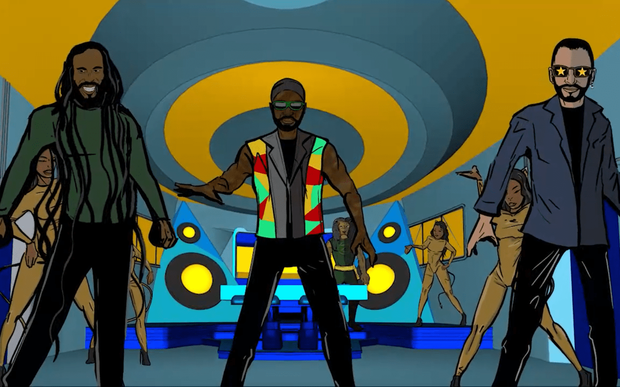 Still of Ziggy Marley, Toots, Ringo Starr, Lionman and feline dancers inside the spaceship - Toots & The Maytals - Three Little Birds Animated Music Video