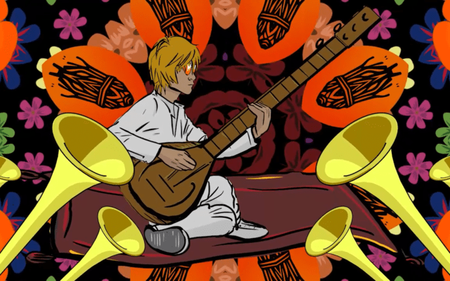 Still of Zak Starkey playing instrument on a flying carpet with trumpets and flowers in the background - Toots & The Maytals - Three Little Birds Animated Music Video