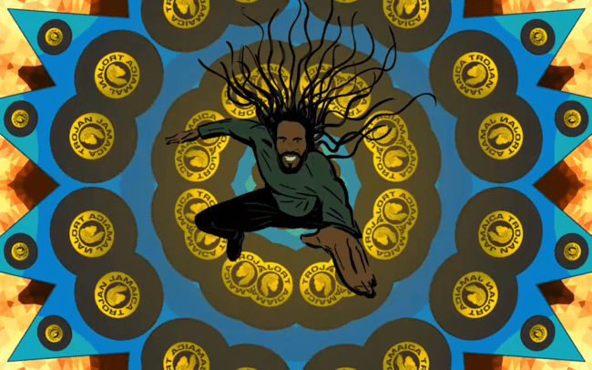 Still of Ziggy Marley on a kaleidoscope background with Trojan Jamaica logo - Toots & The Maytals - Three Little Birds Animated Music Video