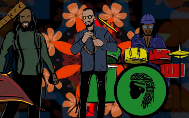 Still of Ziggy Marley, Ringo Starr and Sly Dunbar - Toots & The Maytals - Three Little Birds Animated Music Video