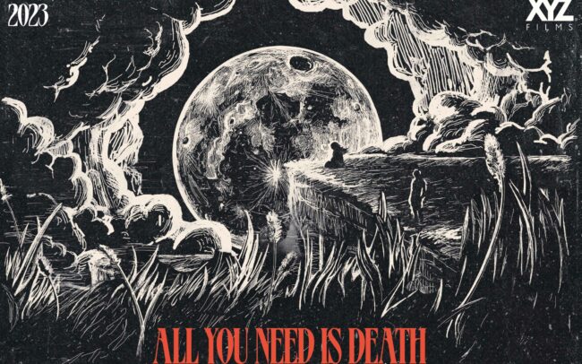 All You Need Is Death poster. Long bladed grass a tree and a windy night background drawn in white and black, with an orange font that says All You Need Is Death. Square Image